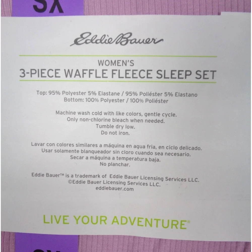 Eddie Bauer Women's 3-Piece Waffle Fleece Sleep‎ Set Pajamas Size XS Purple